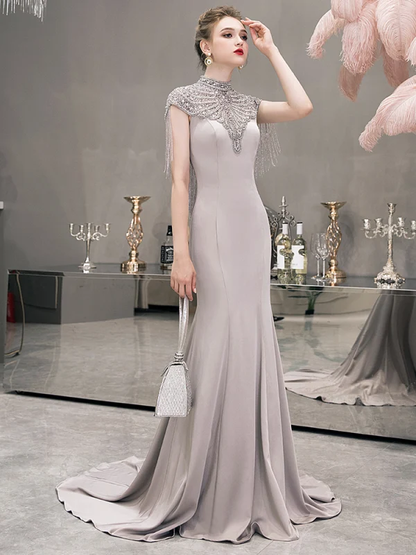 Luxury / Gorgeous Grey Evening Dresses  2019 Trumpet / Mermaid High Neck Sleeveless Pearl Rhinestone Beading Tassel Sweep Train Formal Dresses