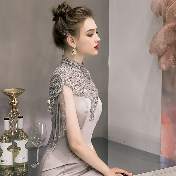 Luxury / Gorgeous Grey Evening Dresses  2019 Trumpet / Mermaid High Neck Sleeveless Pearl Rhinestone Beading Tassel Sweep Train Formal Dresses