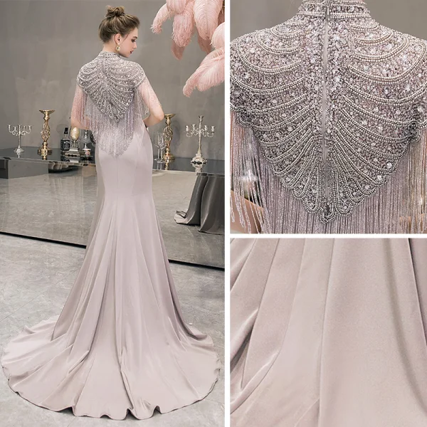 Luxury / Gorgeous Grey Evening Dresses  2019 Trumpet / Mermaid High Neck Sleeveless Pearl Rhinestone Beading Tassel Sweep Train Formal Dresses