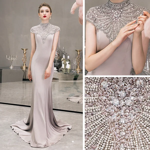 Luxury / Gorgeous Grey Evening Dresses  2019 Trumpet / Mermaid High Neck Sleeveless Pearl Rhinestone Beading Tassel Sweep Train Formal Dresses