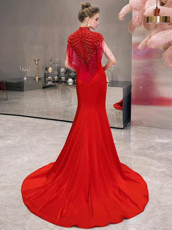 Vintage / Retro Red Evening Dresses  2019 Trumpet / Mermaid High Neck Sleeveless Pearl Beading Tassel Sweep Train Ruffle Formal Dresses