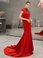 Vintage / Retro Red Evening Dresses  2019 Trumpet / Mermaid High Neck Sleeveless Pearl Beading Tassel Sweep Train Ruffle Formal Dresses
