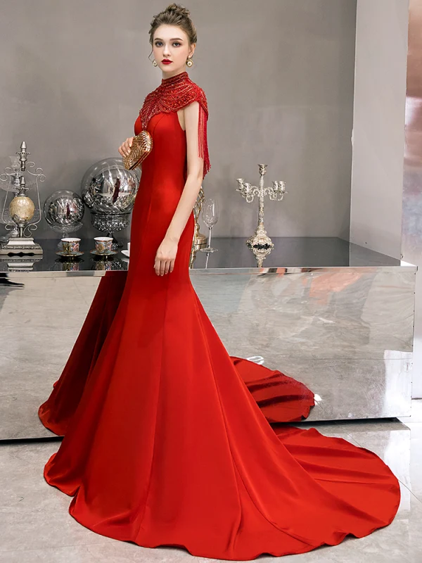 Vintage / Retro Red Evening Dresses  2019 Trumpet / Mermaid High Neck Sleeveless Pearl Beading Tassel Sweep Train Ruffle Formal Dresses