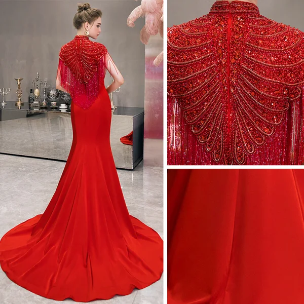 Vintage / Retro Red Evening Dresses  2019 Trumpet / Mermaid High Neck Sleeveless Pearl Beading Tassel Sweep Train Ruffle Formal Dresses