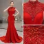 Vintage / Retro Red Evening Dresses  2019 Trumpet / Mermaid High Neck Sleeveless Pearl Beading Tassel Sweep Train Ruffle Formal Dresses