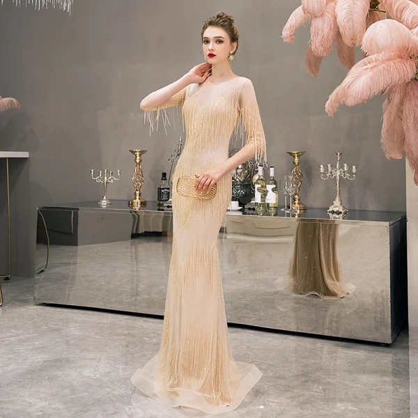 Luxury / Gorgeous Yellow See-through Evening Dresses 2019 Trumpet / Mermaid Scoop Neck Sleeveless Beading Tassel Floor-Length / Long Ruffle Formal Dresses