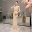 Luxury / Gorgeous Yellow See-through Evening Dresses  2019 Trumpet / Mermaid Scoop Neck Sleeveless Beading Tassel Floor-Length / Long Ruffle Formal Dresses
