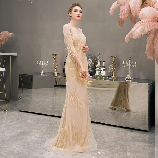 Luxury / Gorgeous Yellow See-through Evening Dresses 2019 Trumpet / Mermaid Scoop Neck Sleeveless Beading Tassel Floor-Length / Long Ruffle Formal Dresses