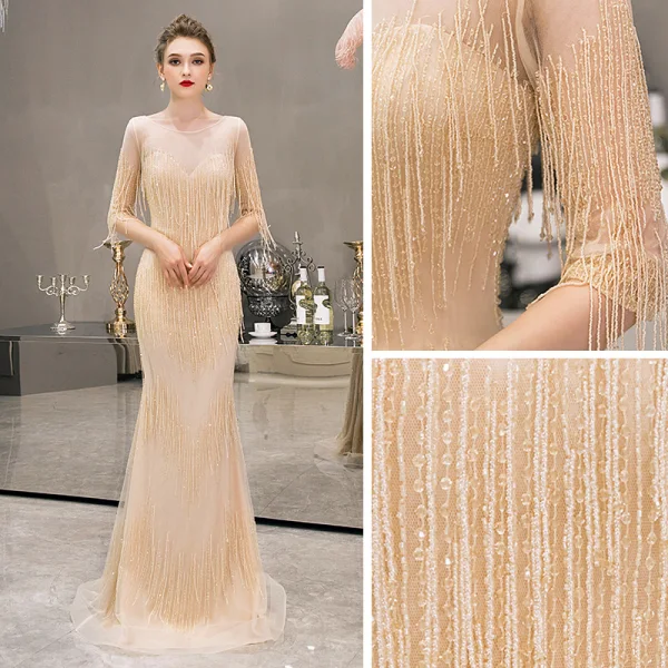 Luxury / Gorgeous Yellow See-through Evening Dresses 2019 Trumpet / Mermaid Scoop Neck Sleeveless Beading Tassel Floor-Length / Long Ruffle Formal Dresses