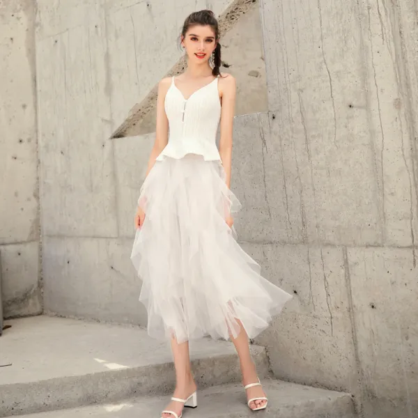 Chic / Beautiful White Summer Homecoming Graduation Dresses 2019 A-Line / Princess Spaghetti Straps Sleeveless Tea-length Ruffle Backless Formal Dresses