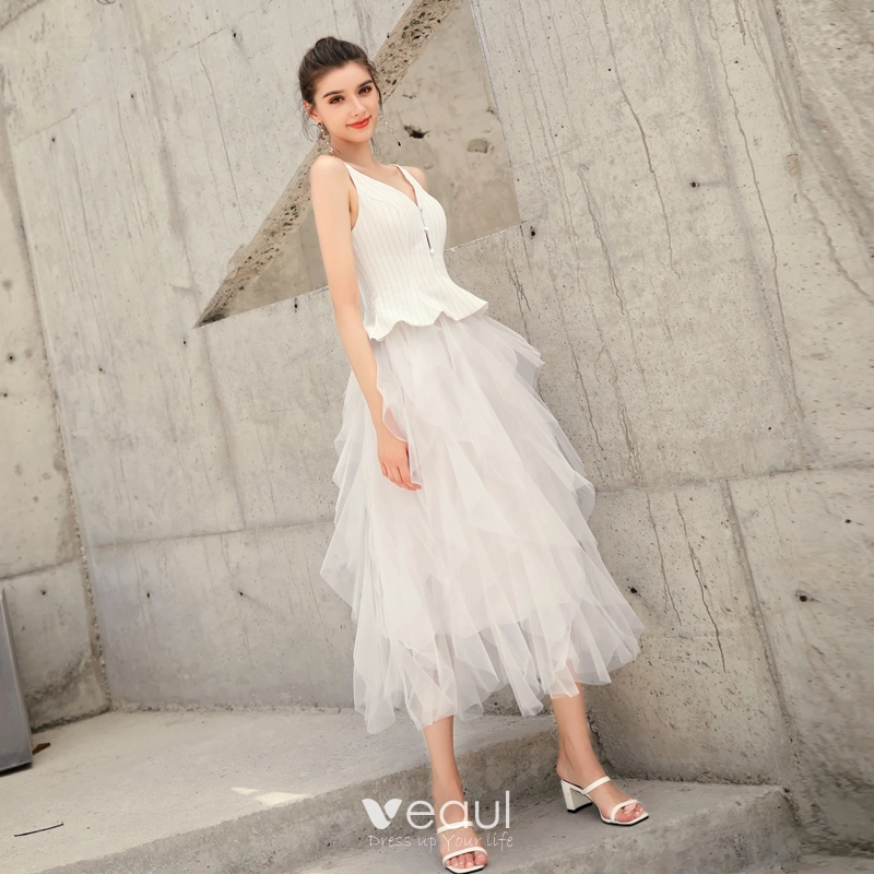 Chic Beautiful White Summer Homecoming Graduation Dresses 2019 A Line  Princess Spaghetti Straps Sleeveless Tea Length Ruffle Backless Formal  Dresses