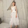 Piękne Białe Lato Homecoming Sukienki Na Studniówke 2019 Princessa Spaghetti Pasy Bez Rękawów Długość Herbaty Wzburzyć Bez Pleców Sukienki Wizytowe
