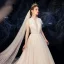 Charmant Champagner Glanz Spitze Brautkleider / Hochzeitskleider 2019 A Linie Tiefer V-Ausschnitt Kurze Ärmel Rückenfreies Perlenstickerei Perle Pailletten Hof-Schleppe Rüschen