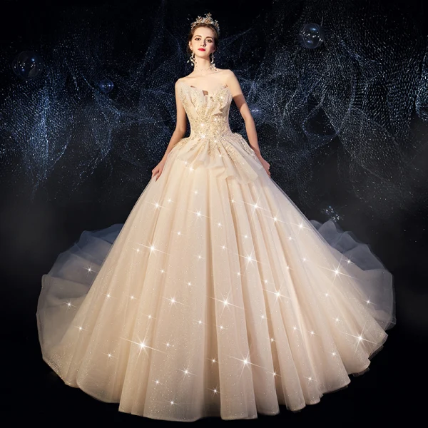 Beste Champagne Brudekjoler 2019 Ballkjole Fantastiske / Unike Kjæreste Uten Ermer Ryggløse Glitter Tyll Beading Paljetter Chapel Train Buste