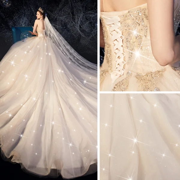 Beste Champagne Brudekjoler 2019 Ballkjole Fantastiske / Unike Kjæreste Uten Ermer Ryggløse Glitter Tyll Beading Paljetter Chapel Train Buste