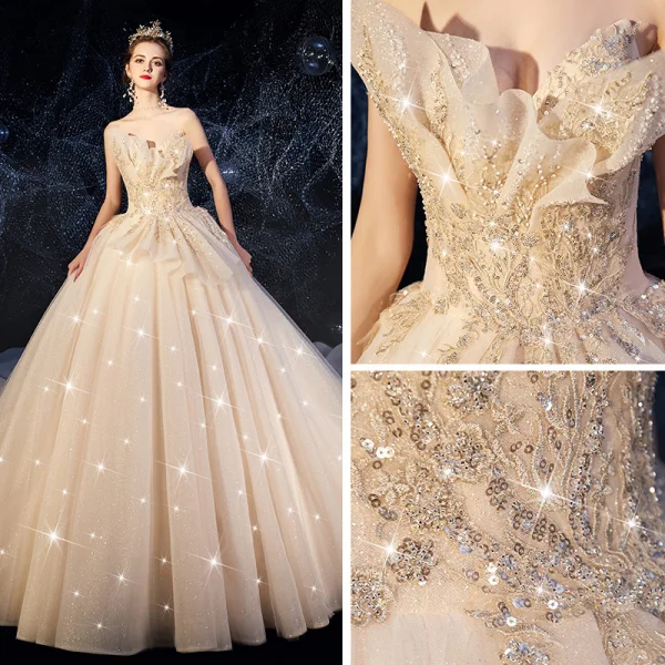 Beste Champagne Brudekjoler 2019 Ballkjole Fantastiske / Unike Kjæreste Uten Ermer Ryggløse Glitter Tyll Beading Paljetter Chapel Train Buste