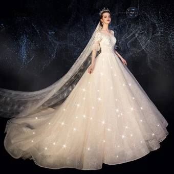Chic Belle Champagne Transparentes Robe De Mariée 2019 Princesse Encolure Dégagée Manches De Cloche Dos Nu Glitter Tulle Appliques En Dentelle Perlage Perle Chapel Train Volants
