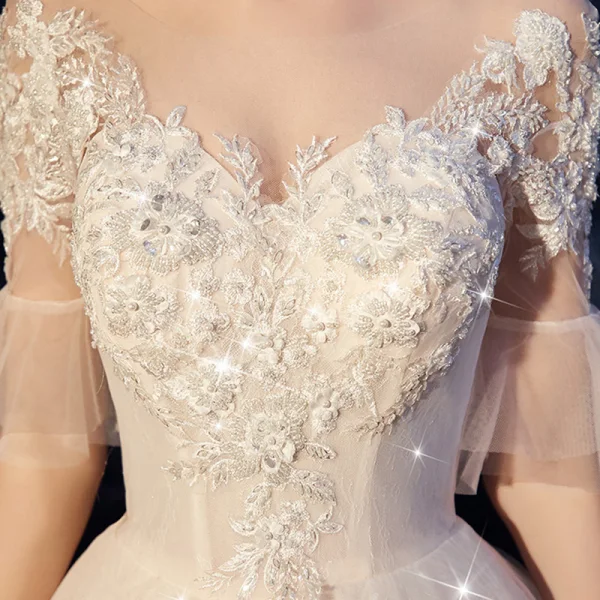 Chic / Belle Champagne Transparentes Robe De Mariée 2019 Princesse Encolure Dégagée Manches de cloche Dos Nu Glitter Tulle Appliques En Dentelle Perlage Perle Chapel Train Volants