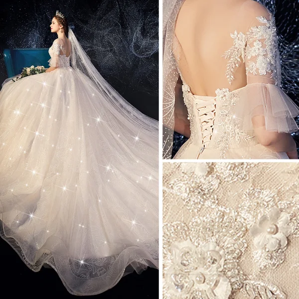 Chic / Belle Champagne Transparentes Robe De Mariée 2019 Princesse Encolure Dégagée Manches de cloche Dos Nu Glitter Tulle Appliques En Dentelle Perlage Perle Chapel Train Volants