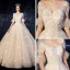 Chic / Belle Champagne Transparentes Robe De Mariée 2019 Princesse Encolure Dégagée Manches de cloche Dos Nu Glitter Tulle Appliques En Dentelle Perlage Perle Chapel Train Volants
