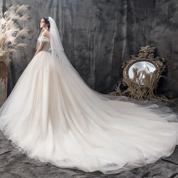 Charming Champagne Wedding Dresses 2019 Ball Gown Off-The-Shoulder Short Sleeve Backless Glitter Tulle Sequins Beading Cathedral Train Ruffle