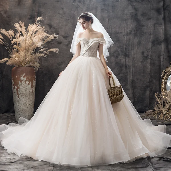 Charming Champagne Wedding Dresses 2019 Ball Gown Off-The-Shoulder Short Sleeve Backless Glitter Tulle Sequins Beading Cathedral Train Ruffle