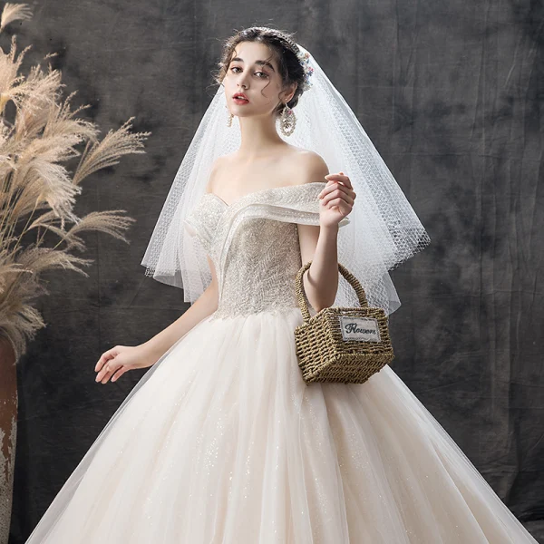 Charming Champagne Wedding Dresses 2019 Ball Gown Off-The-Shoulder Short Sleeve Backless Glitter Tulle Sequins Beading Cathedral Train Ruffle