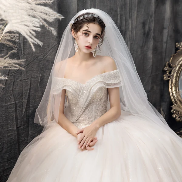 Charming Champagne Wedding Dresses 2019 Ball Gown Off-The-Shoulder Short Sleeve Backless Glitter Tulle Sequins Beading Cathedral Train Ruffle