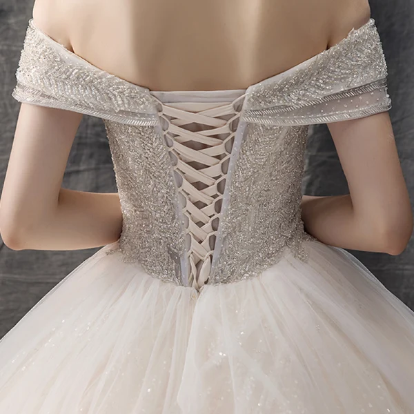 Charming Champagne Wedding Dresses 2019 Ball Gown Off-The-Shoulder Short Sleeve Backless Glitter Tulle Sequins Beading Cathedral Train Ruffle