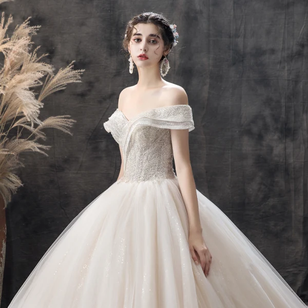 Charming Champagne Wedding Dresses 2019 Ball Gown Off-The-Shoulder Short Sleeve Backless Glitter Tulle Sequins Beading Cathedral Train Ruffle
