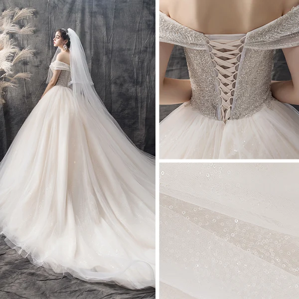 Charming Champagne Wedding Dresses 2019 Ball Gown Off-The-Shoulder Short Sleeve Backless Glitter Tulle Sequins Beading Cathedral Train Ruffle
