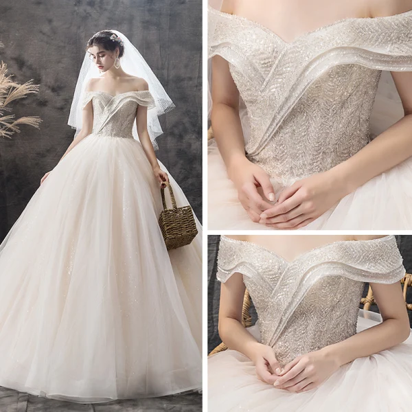 Charming Champagne Wedding Dresses 2019 Ball Gown Off-The-Shoulder Short Sleeve Backless Glitter Tulle Sequins Beading Cathedral Train Ruffle
