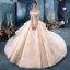 Stunning Champagne Wedding Dresses 2019 Ball Gown Off-The-Shoulder Short Sleeve Backless Appliques Lace Flower Beading Cathedral Train Ruffle