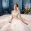 Stunning Champagne Wedding Dresses 2019 Ball Gown Off-The-Shoulder Short Sleeve Backless Appliques Lace Flower Beading Cathedral Train Ruffle