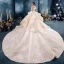 Stunning Champagne Wedding Dresses 2019 Ball Gown Off-The-Shoulder Short Sleeve Backless Appliques Lace Flower Beading Cathedral Train Ruffle