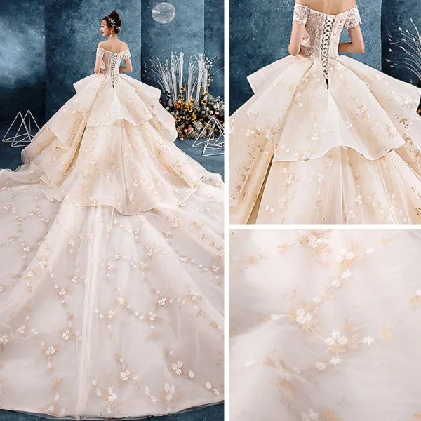 Stunning Champagne Wedding Dresses 2019 Ball Gown Off-The-Shoulder Short Sleeve Backless Appliques Lace Flower Beading Cathedral Train Ruffle