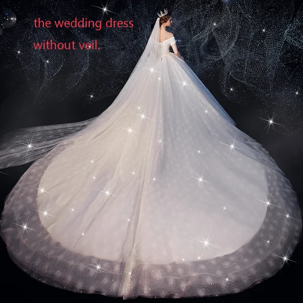 Chic / Belle Ivoire Robe De Mariée 2019 Robe Boule De l'épaule Manches Courtes Dos Nu Glitter Tulle Perlage Royal Train Volants