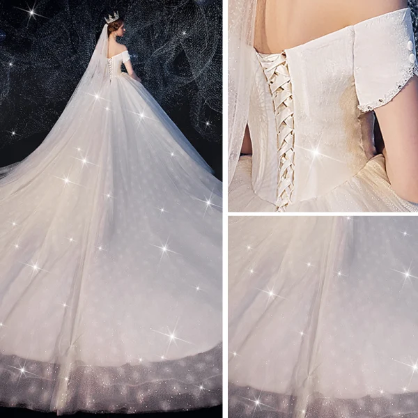 Chic / Belle Ivoire Robe De Mariée 2019 Robe Boule De l'épaule Manches Courtes Dos Nu Glitter Tulle Perlage Royal Train Volants