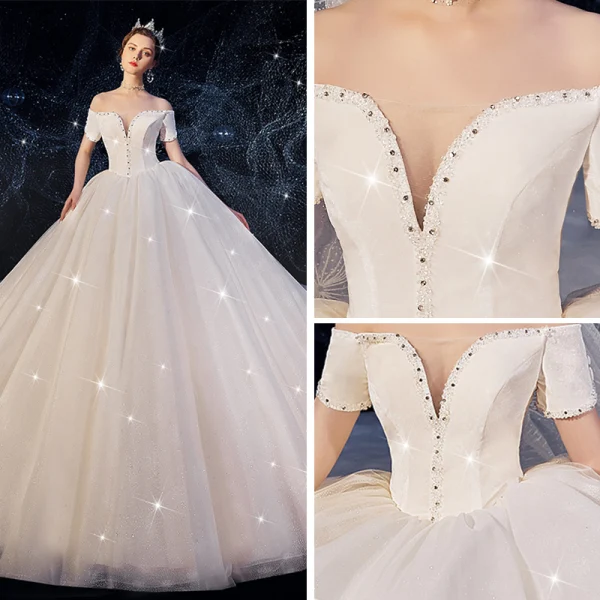 Chic / Belle Ivoire Robe De Mariée 2019 Robe Boule De l'épaule Manches Courtes Dos Nu Glitter Tulle Perlage Royal Train Volants