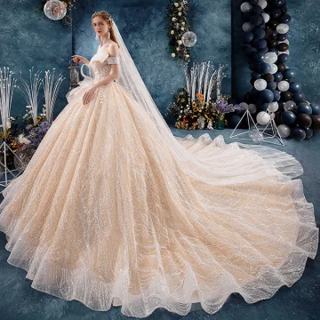 Elegant Champagne Wedding Dresses 2019 Ball Gown Off The Shoulder Short Sleeve Backless Glitter Tulle Appliques Lace Beading Cathedral Train Ruffle