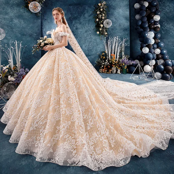 Elegant Champagne Wedding Dresses 2019 Ball Gown Off-The-Shoulder Short Sleeve Backless Appliques Lace Cathedral Train Ruffle