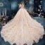 Elegant Champagne Wedding Dresses 2019 Ball Gown Off-The-Shoulder Short Sleeve Backless Appliques Lace Cathedral Train Ruffle