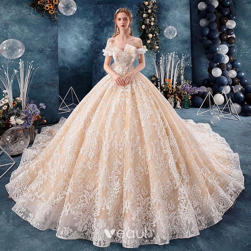 Elegant champagne hot sale wedding dresses