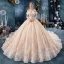 Elegant Champagne Wedding Dresses 2019 Ball Gown Off-The-Shoulder Short Sleeve Backless Appliques Lace Cathedral Train Ruffle