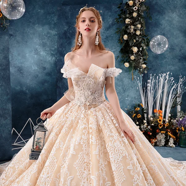Elegant Champagne Wedding Dresses 2019 Ball Gown Off-The-Shoulder Short Sleeve Backless Appliques Lace Cathedral Train Ruffle