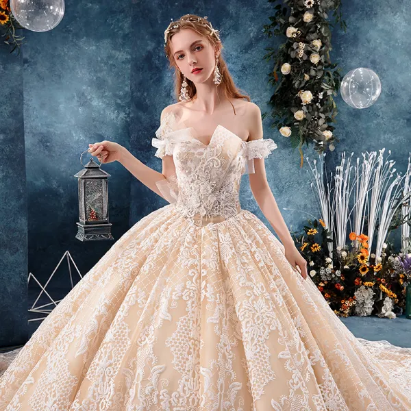 Elegant Champagne Wedding Dresses 2019 Ball Gown Off-The-Shoulder Short ...