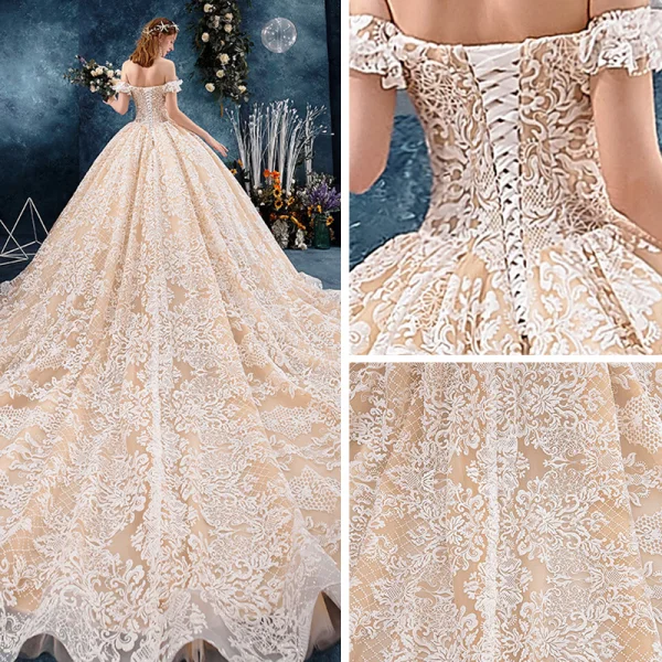 Elegant Champagne Wedding Dresses 2019 Ball Gown Off-The-Shoulder Short Sleeve Backless Appliques Lace Cathedral Train Ruffle