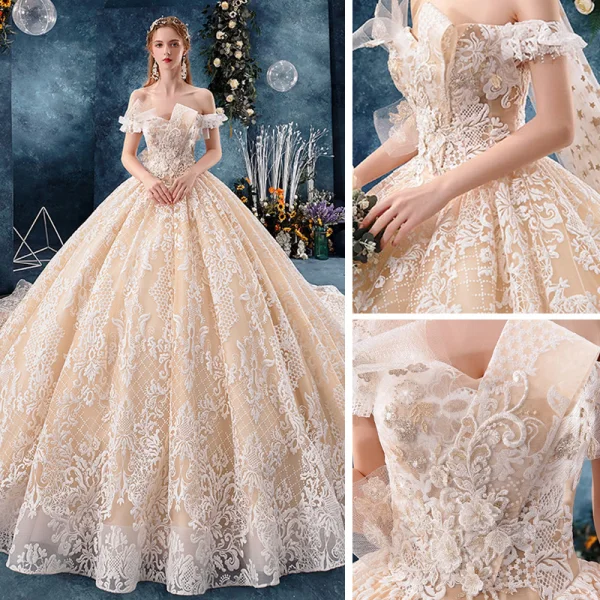 Elegant Champagne Wedding Dresses 2019 Ball Gown Off-The-Shoulder Short Sleeve Backless Appliques Lace Cathedral Train Ruffle