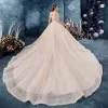Sparkly Champagne Wedding Dresses 2019 Ball Gown Off-The-Shoulder Short Sleeve Backless Glitter Tulle Appliques Lace Beading Royal Train Ruffle