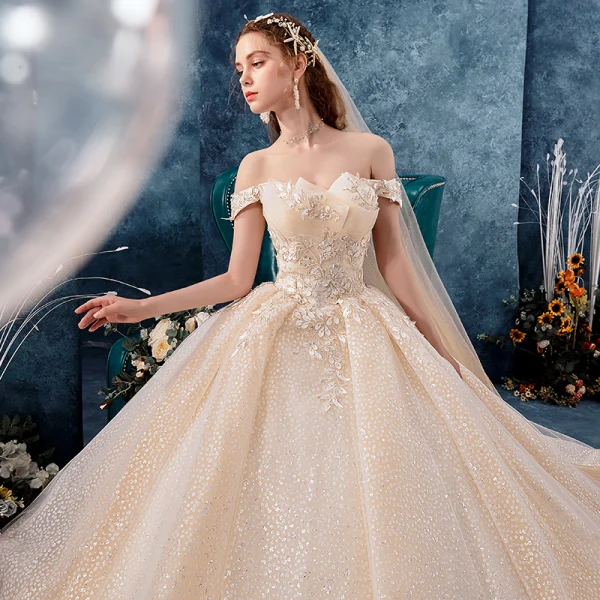Sparkly Champagne Wedding Dresses 2019 Ball Gown Off-The-Shoulder Short Sleeve Backless Glitter Tulle Appliques Lace Beading Royal Train Ruffle